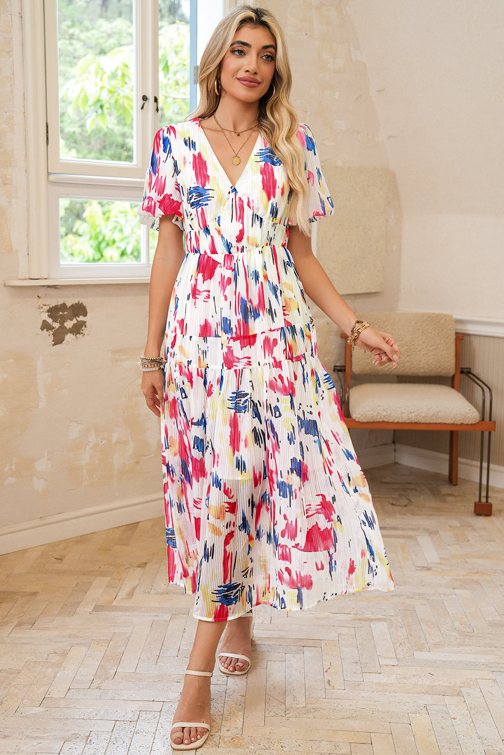 Rose Abstract Print Short Puff Sleeve Tiered Maxi Dress