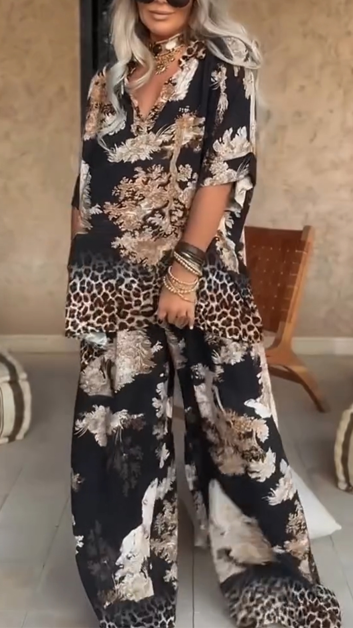 Women's V-neck Printed Top + Pants Loose Casual Suit