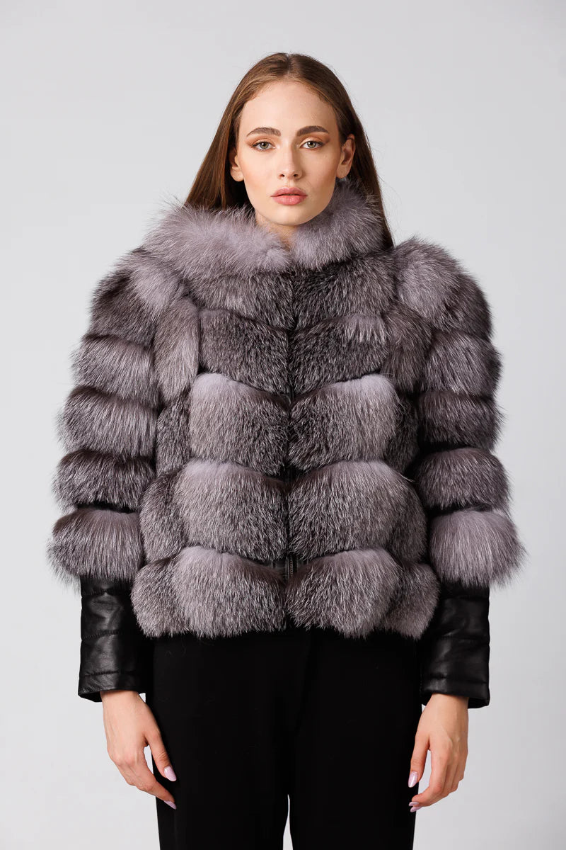 Haină din Blană Naturală de Vulpe, cu Glugă, Femei, Silver Blue 254