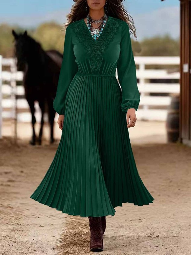 Women's Long Sleeve Spring/Fall Blue Plain Split Joint V Neck Daily Going Out Casual Maxi A-Line Shirt Dress Dress