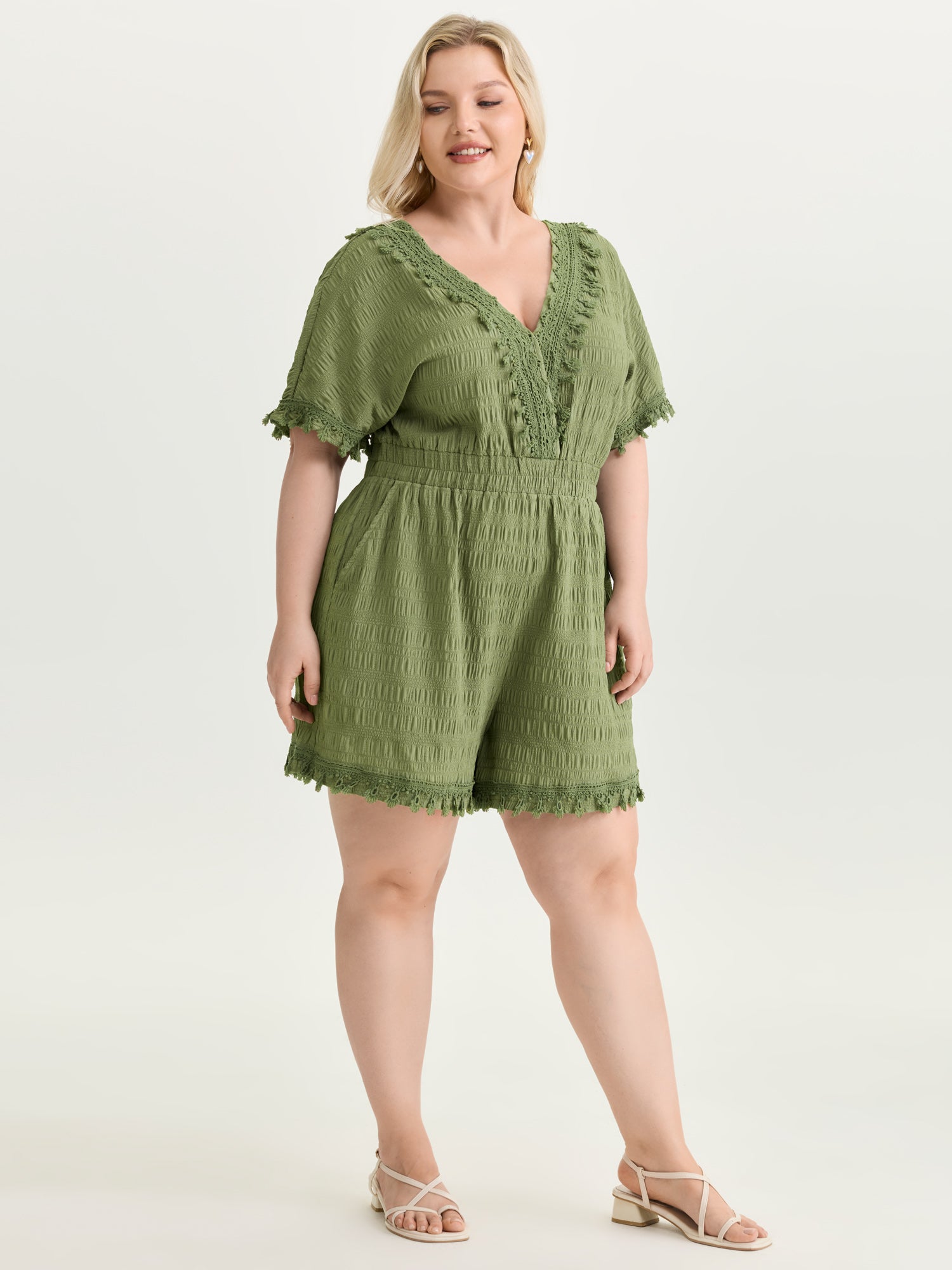 Floral Fringe Lace Neckline Romper