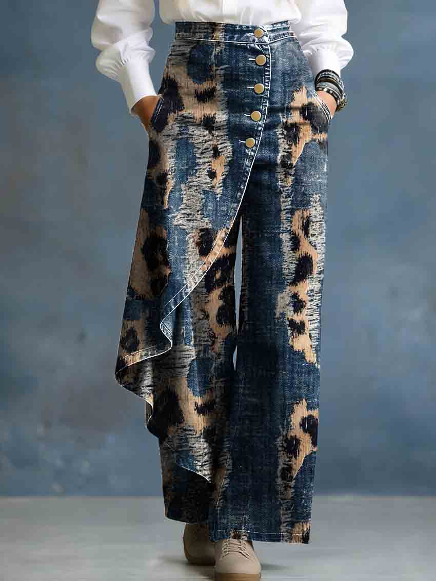 Women's Leopard Print Gradient Art Stylish Design High-waisted Relaxed Fit Wide-leg Jeans