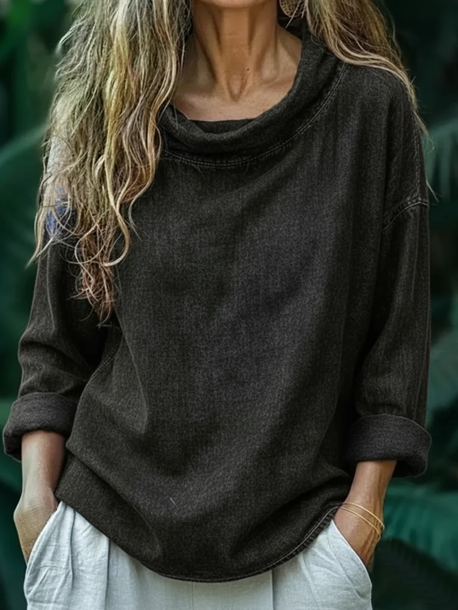 Women's Stylish Retro Art Casual Swing Collar Denim Shirt