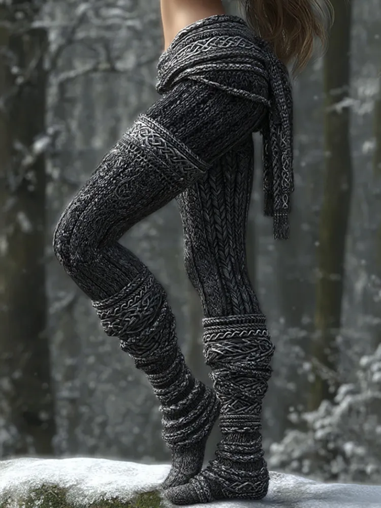 Vintage Viking Pattern Art Knit Cozy Casual Leggings