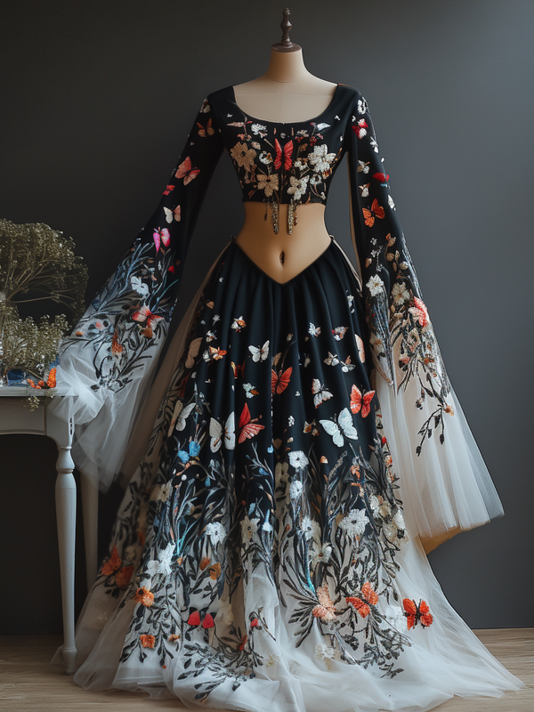 Vacation handmade swing butterfly top + skirt two-piece set 08d6