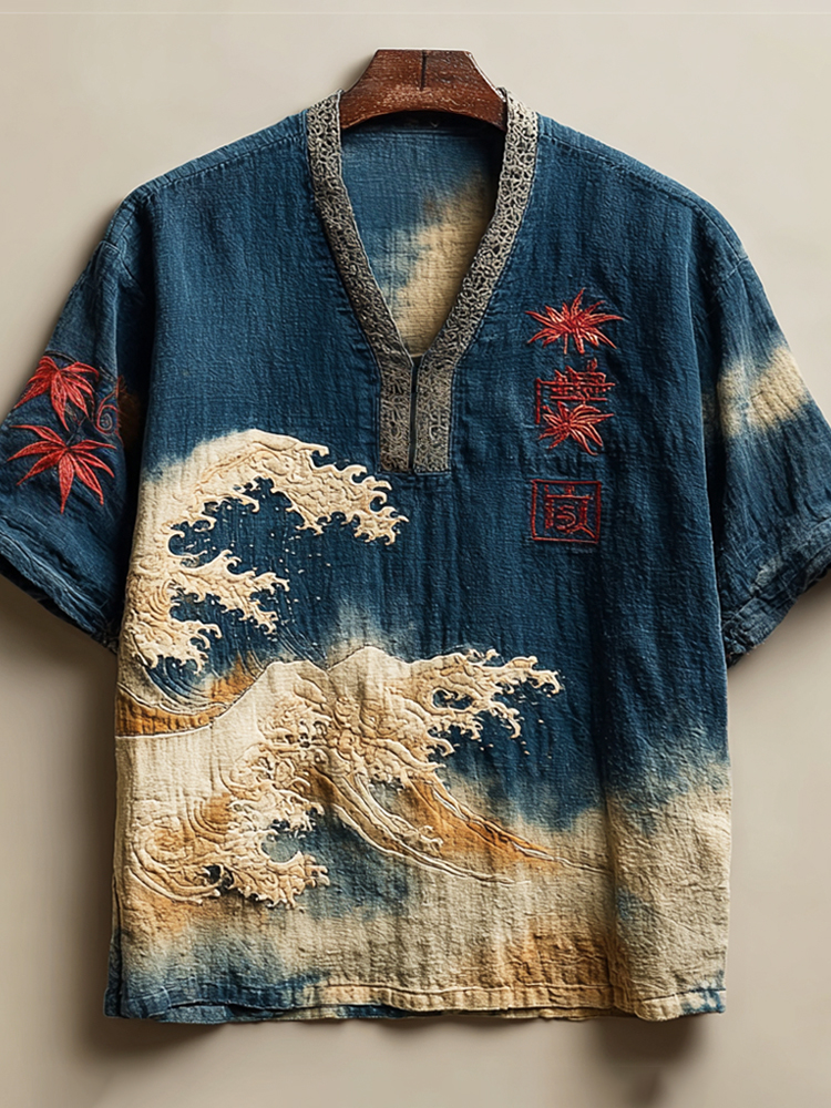 Vintage Japanese Maple & Wave Art Men's Linen V-neck Shirt