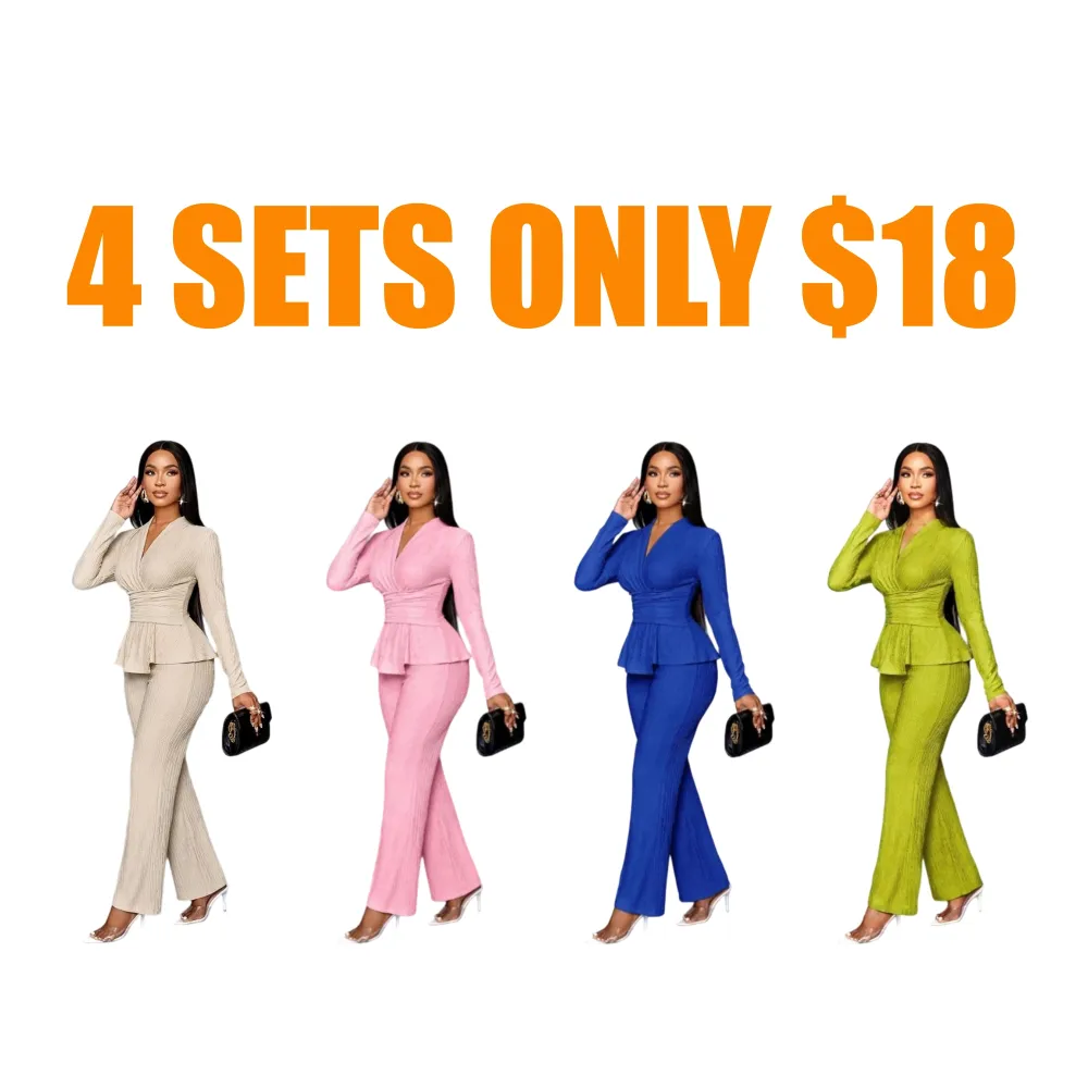 Elegant V-Neck Long Sleeve Top & Wide Leg Pants Set