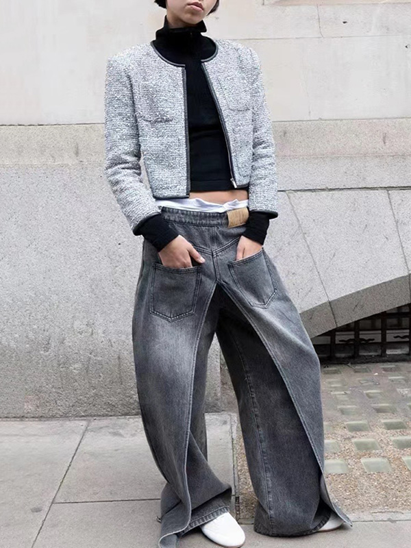 Pockets Reversible False Two Wide Leg Jean Pants Bottoms