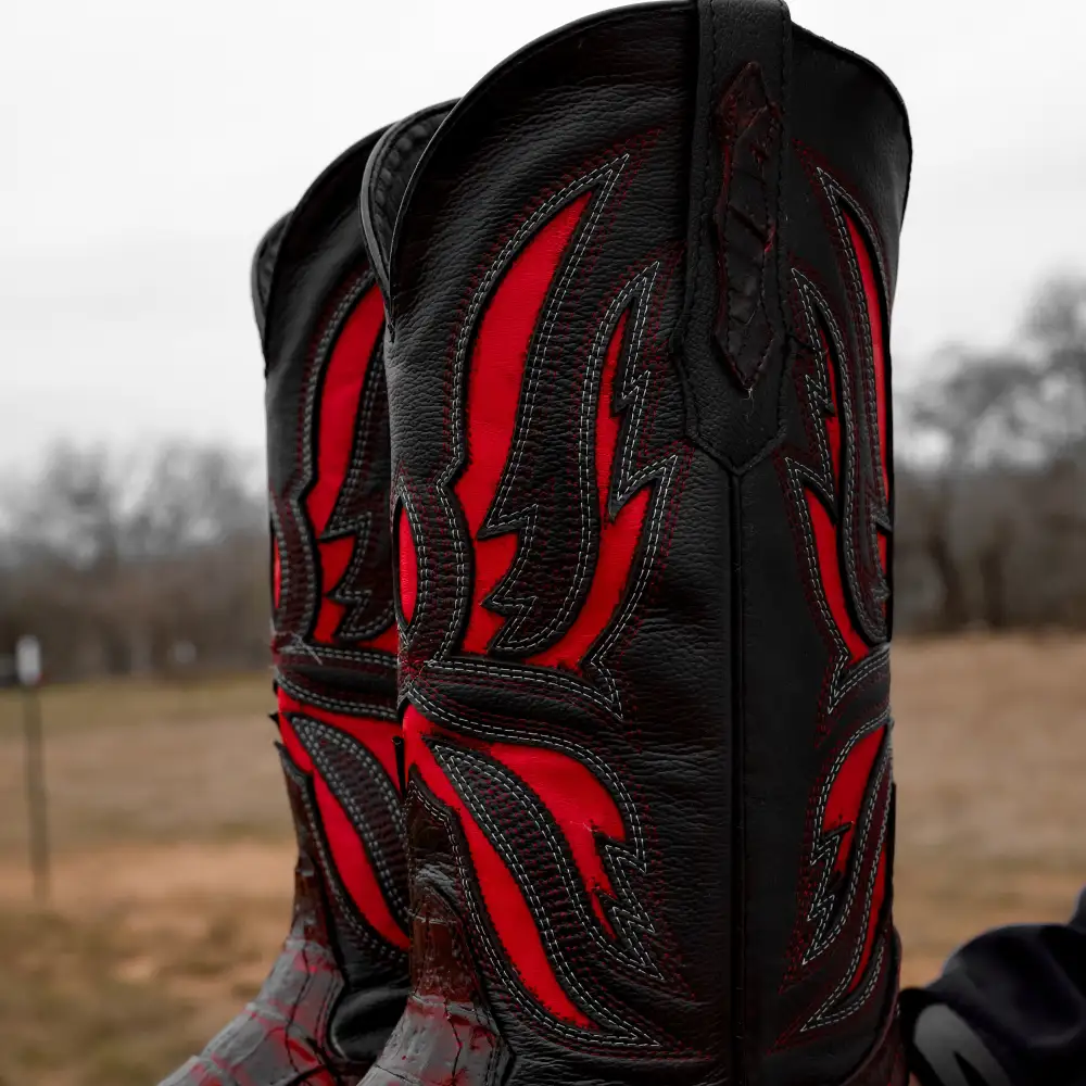 Black Cherry Caiman Hornback Leather Boots - Square Toe