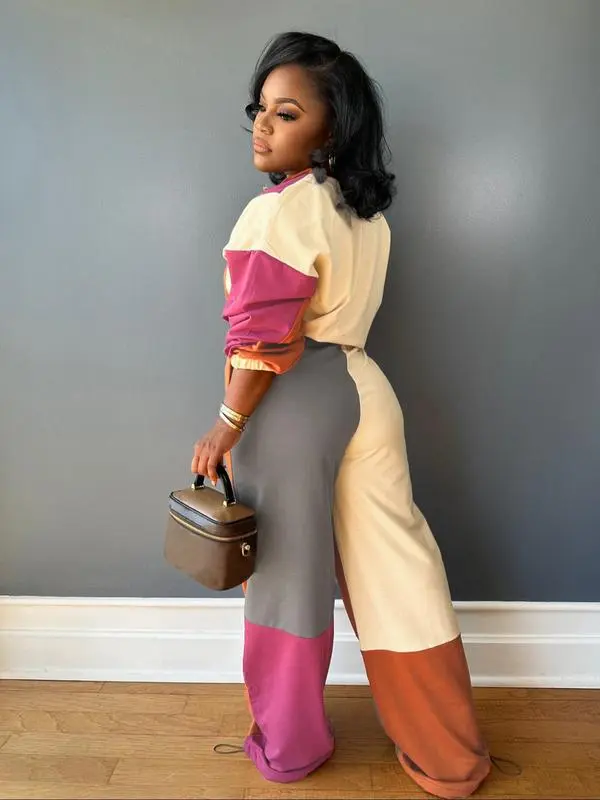 2-piece Set Women's Colorblock Zip Up Jacket & Wide Leg Pants