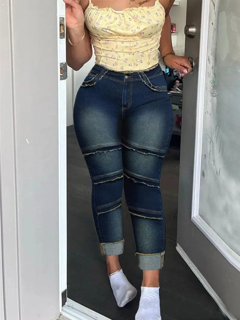 Raw Hem Pocket High Waisted Denim Jeans, Casual Comfy Slim-fitting Trousers for Daily Wear