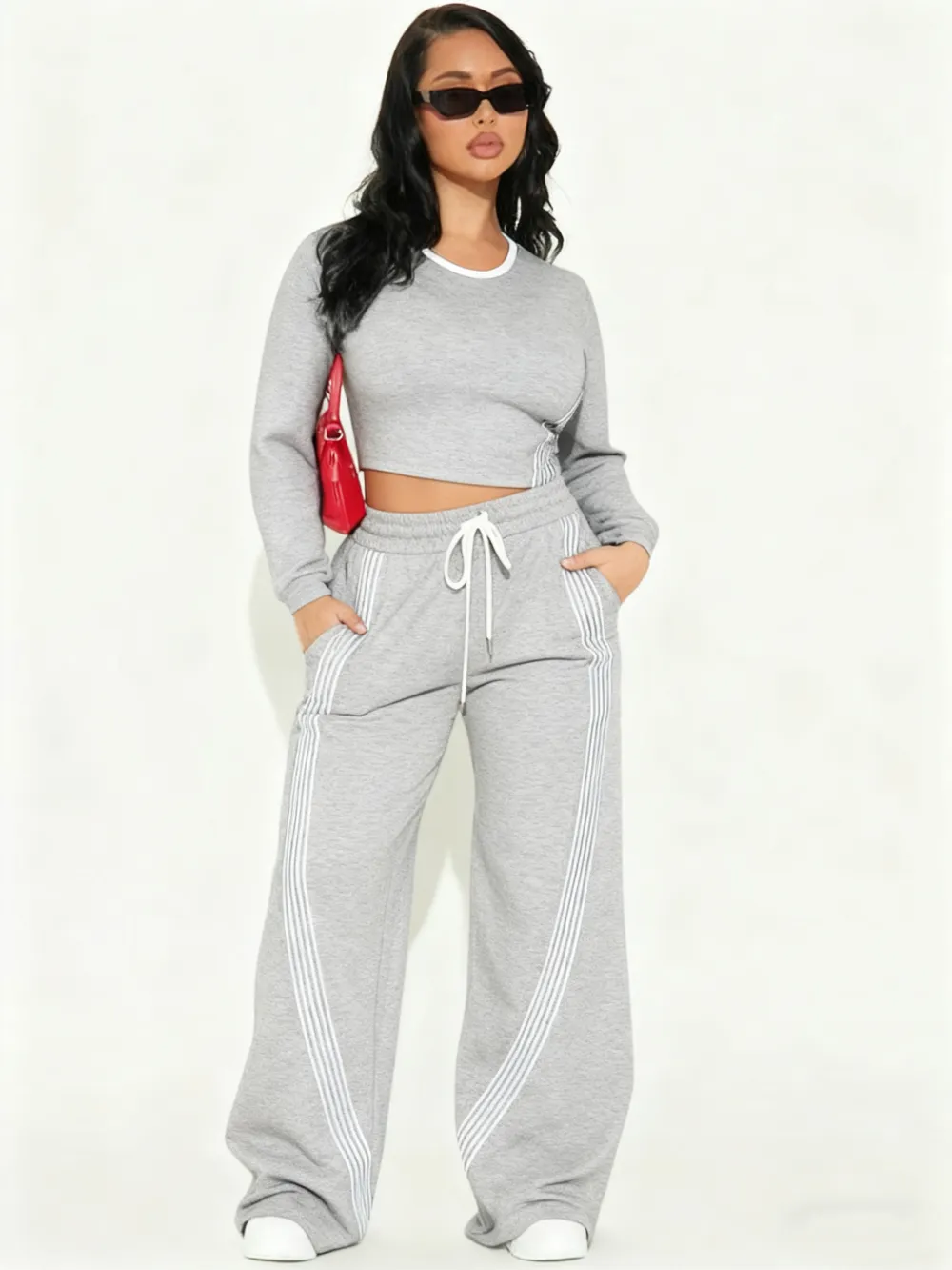 Women Casual Long Sleeve Top and Side Stripe Sports Pants Set