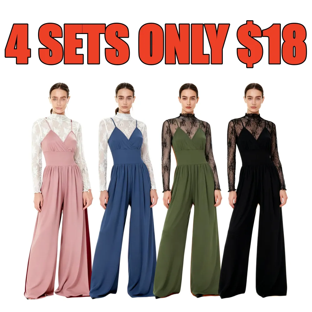 Women's Solid Color Lettuce Trim Mock Neck Sheer Lace Top & Pocket Wide Leg Cami Jumpsuit