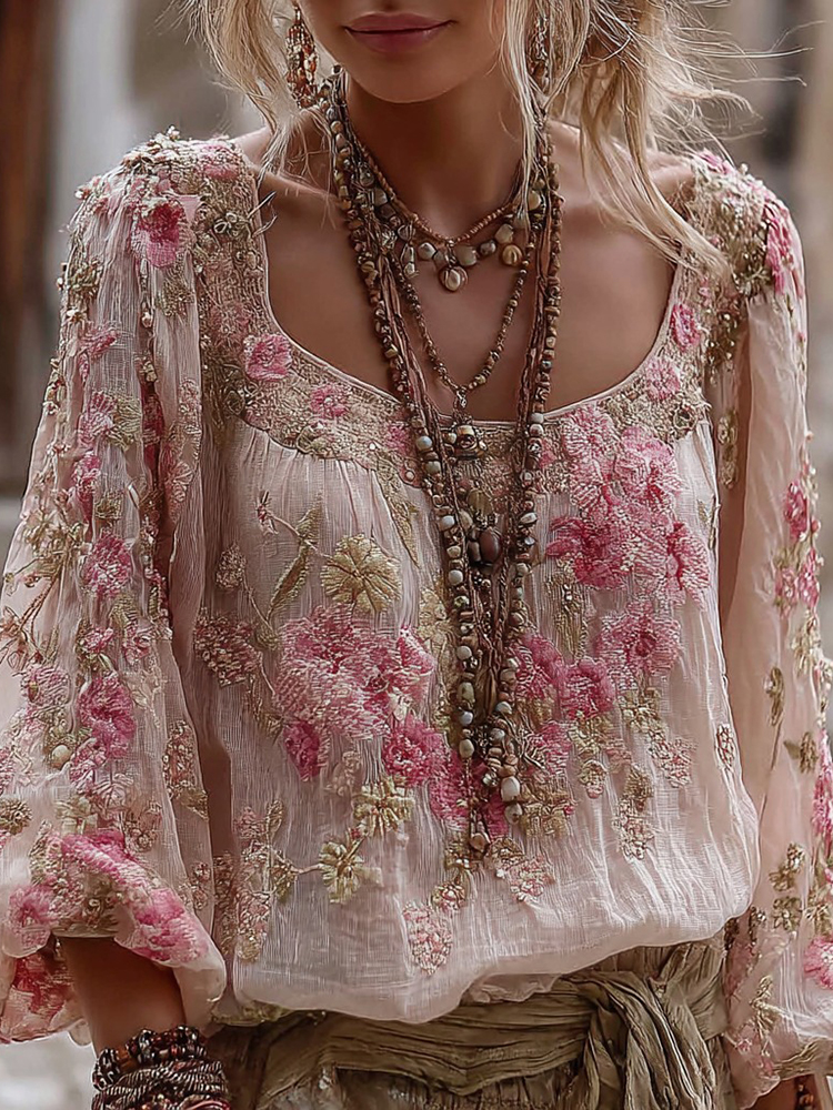 Women's Vintage Floral Pattern Casual V-neck Shirt