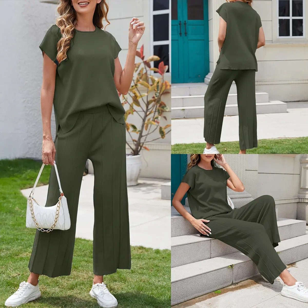 ✨ Women’s Knit Two-Piece Lounge Set – Cap Sleeve Top & Wide Leg Pants