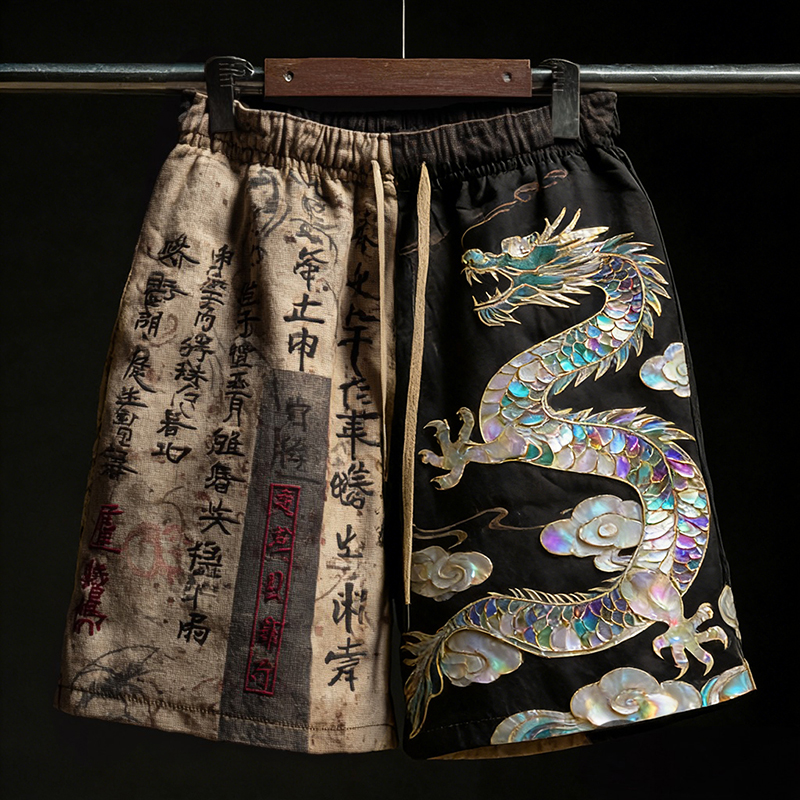 Retro Japanese Calligraphy And Dragon Art Pattern Linen Blend Shorts