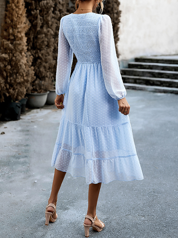 Elasticity Jacquard Solid Color Split-Joint A-Line Bishop Sleeve Round-Neck Midi Dresses