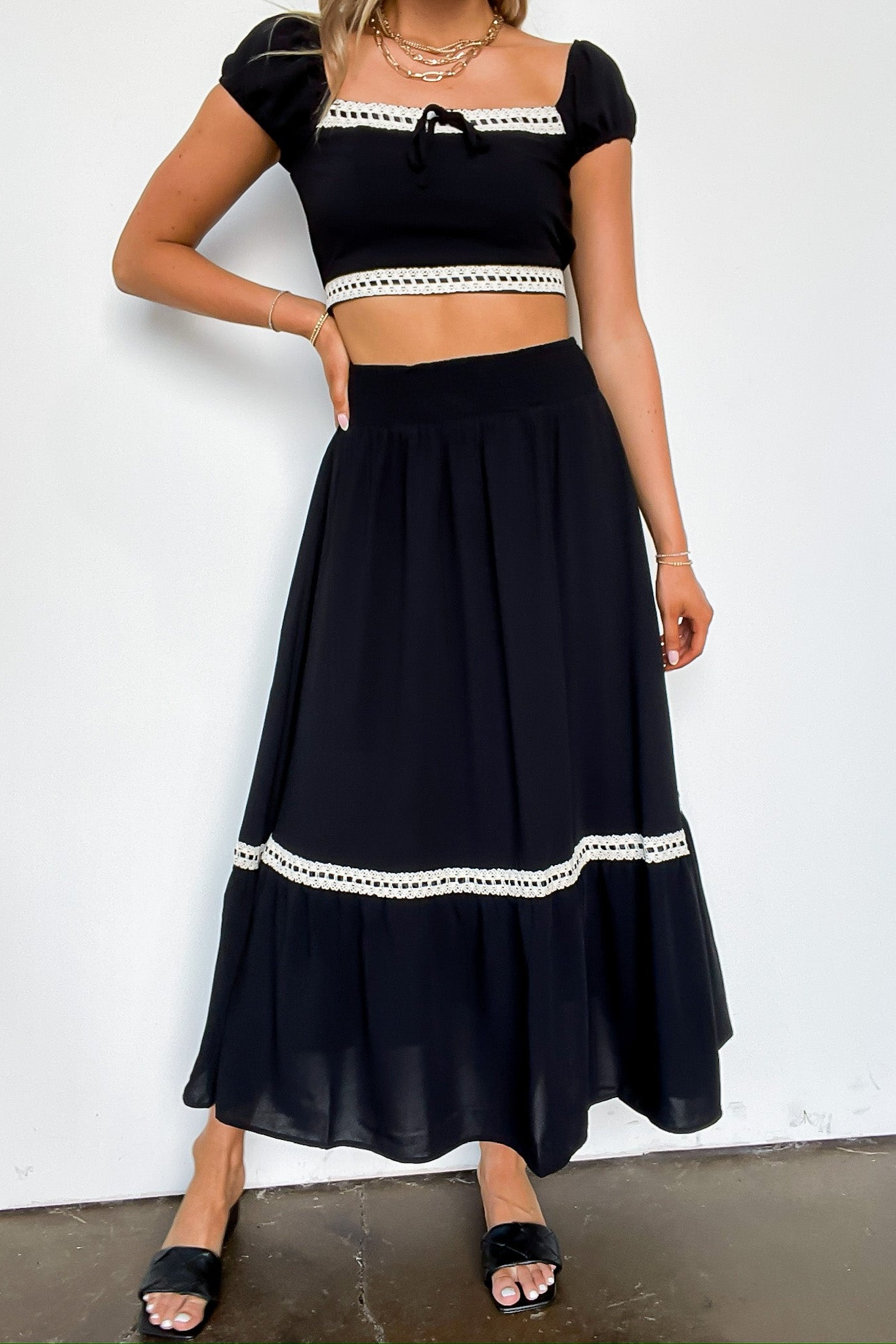 Midnight Lace Contrast Trim Smocked Waist Midi Skirt and Top Set