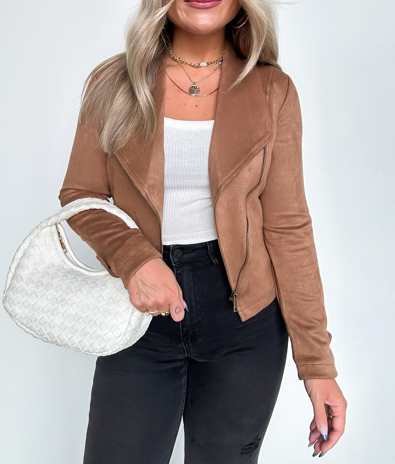 Faux Suede Zip Up Moto Jacket