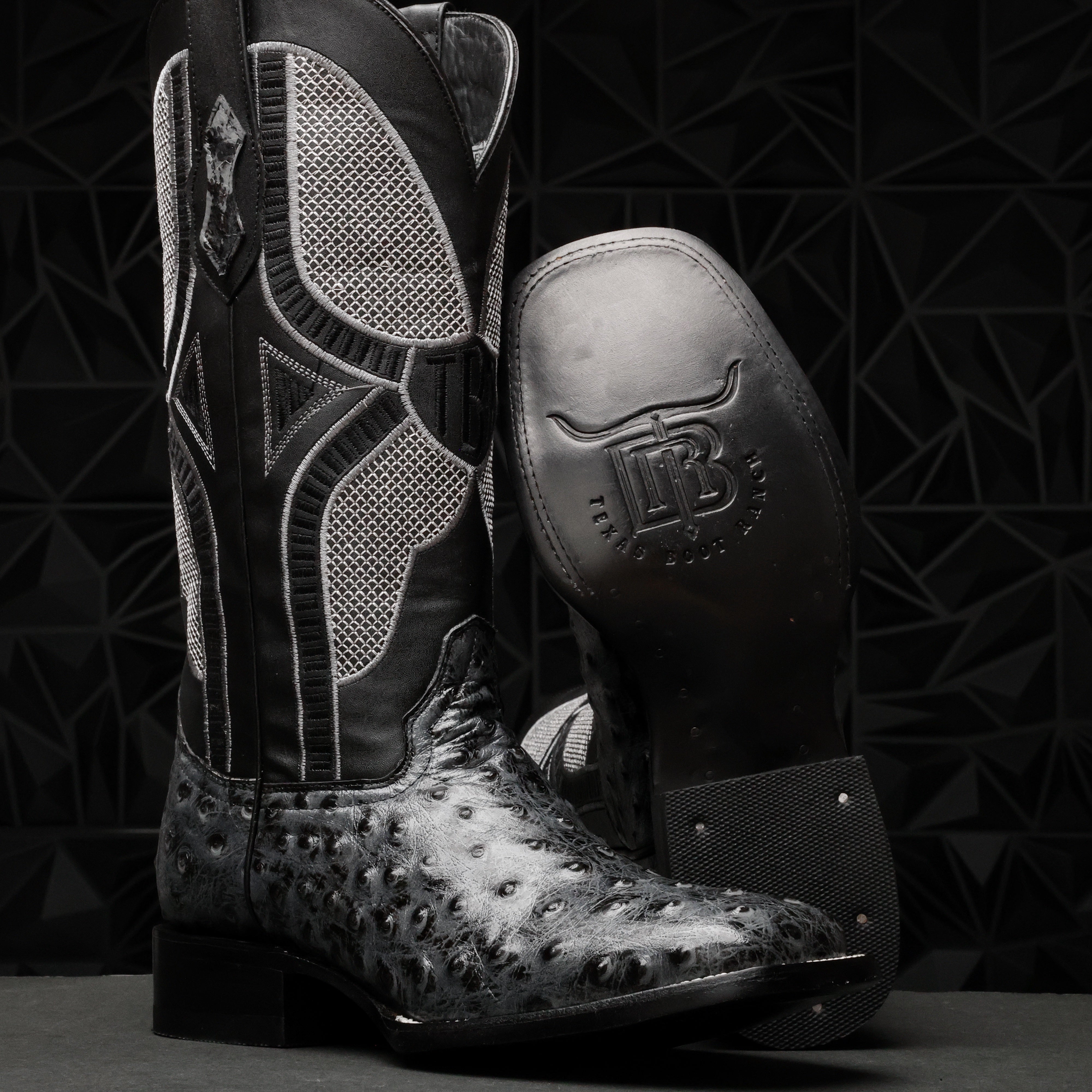 Grey Ostrich Leather Boots - Square Toe