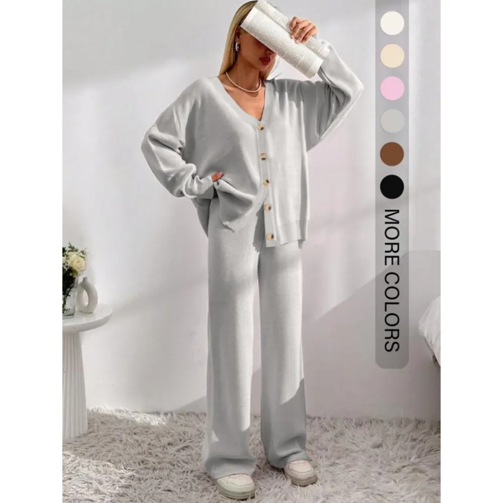 Women's Button Front V-Neck Cardigan & Wide Leg Pants Set
