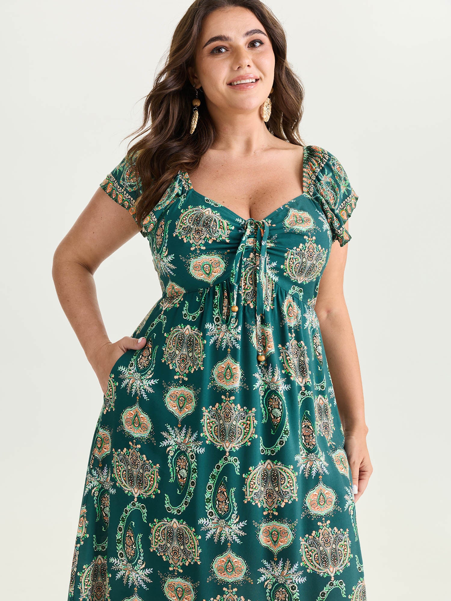 Paisley Print Ruched Adjustable Bodice Maxi Dress