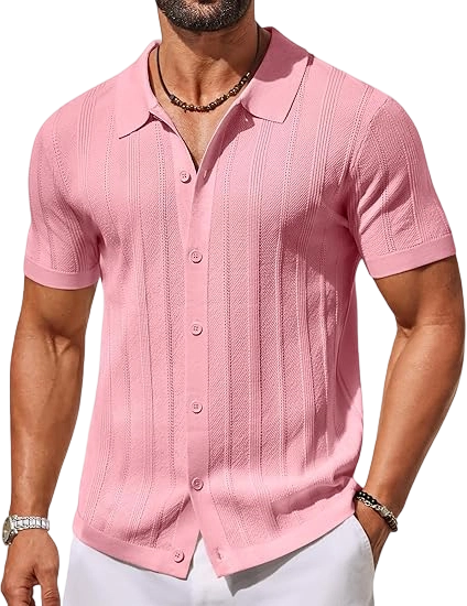 Men's Knit Button Down Shirts Short Sleeve Polo Shirt Casual Vacation Summer Beach Shirts