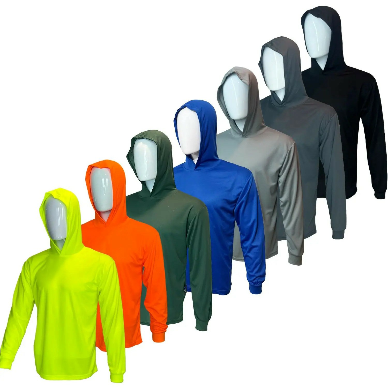 7 SHIRT PACK Hi Visibility ultra light weigh Long sleeve hoodie shirt / 100 % polyester birdeye Fabric for quick dry AVAIALBE IN VARIOUS COLORS