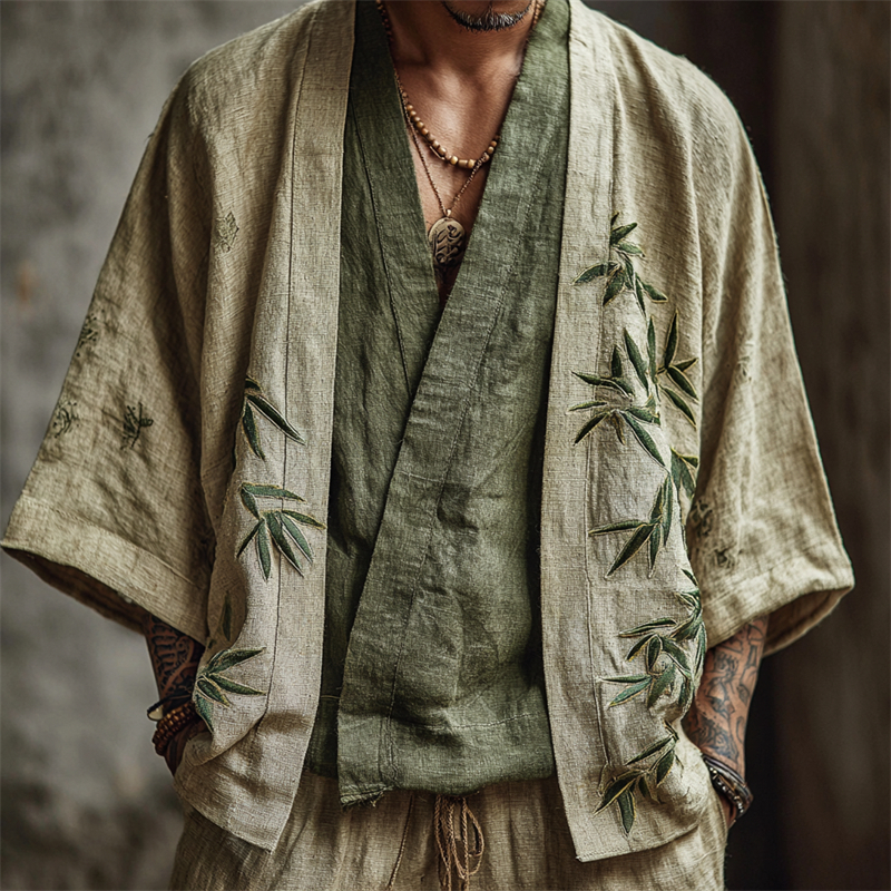 Men's Japanese Bamboo Embroidered Linen Kimono Cardigan