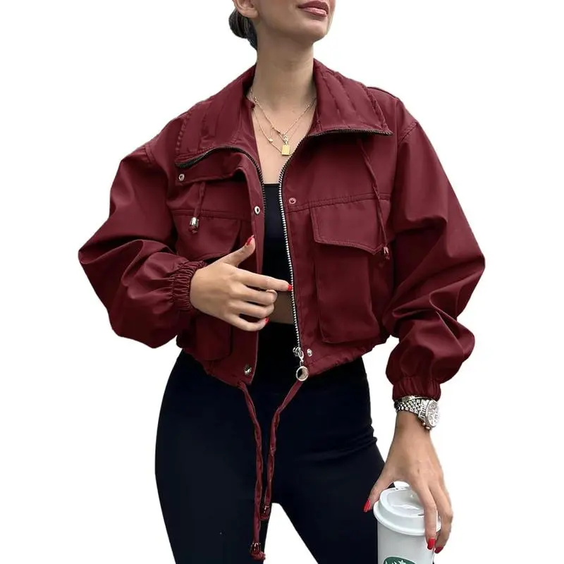 Women's Solid Zip Up Crop Jacket