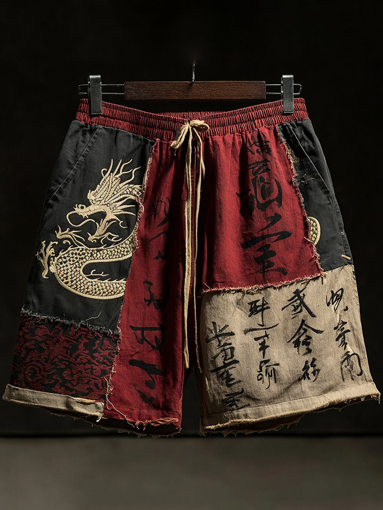 Retro Japanese Calligraphy And Dragon Art Pattern Linen Blend Shorts