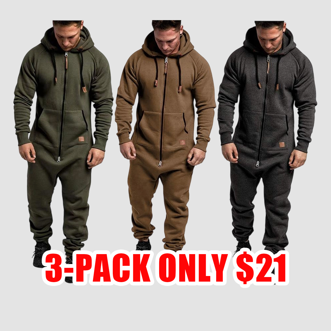 Men’s Hooded Fleece-Lined Jumpsuit with Full Zip and Kangaroo Pocket