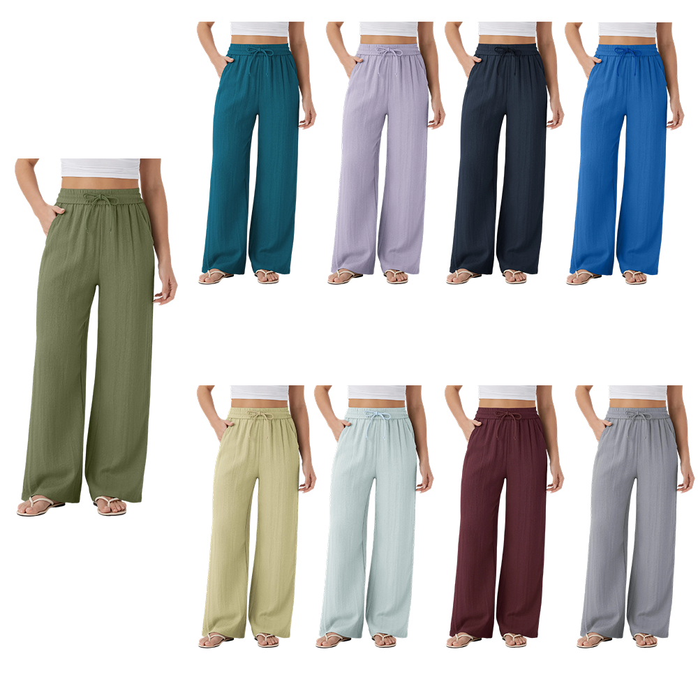 High Waisted Drawstring Pocket Wide Leg Casual Linen-Feel Pants