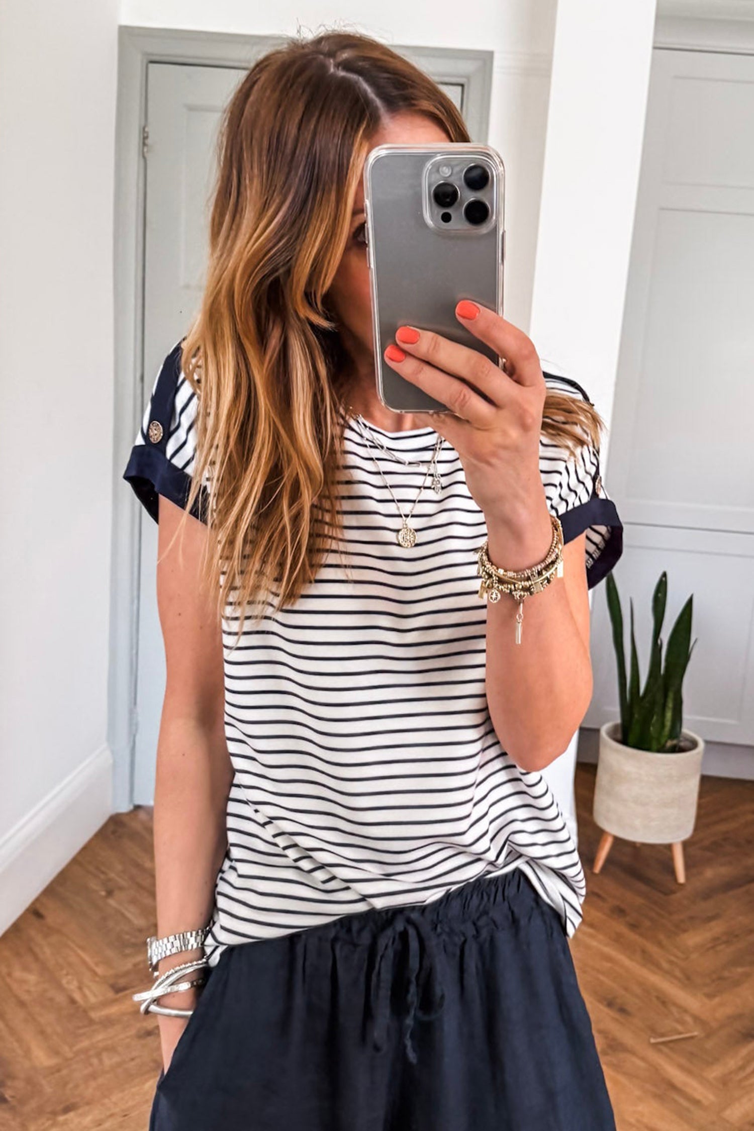 Black Stripe Cuffed Sleeve Button Detail Loose Tee