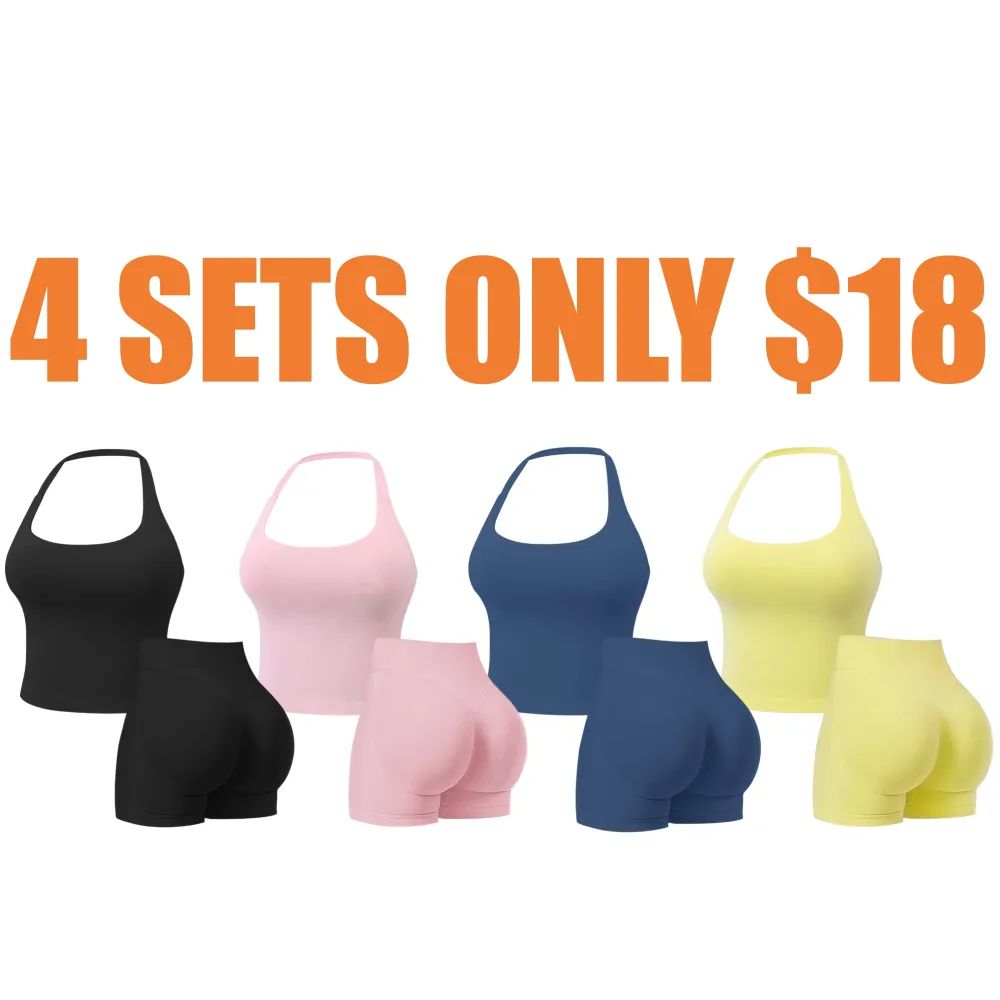 Two-Piece Set Women's Solid Color Halter Top & High Waist Shorts Sports Set