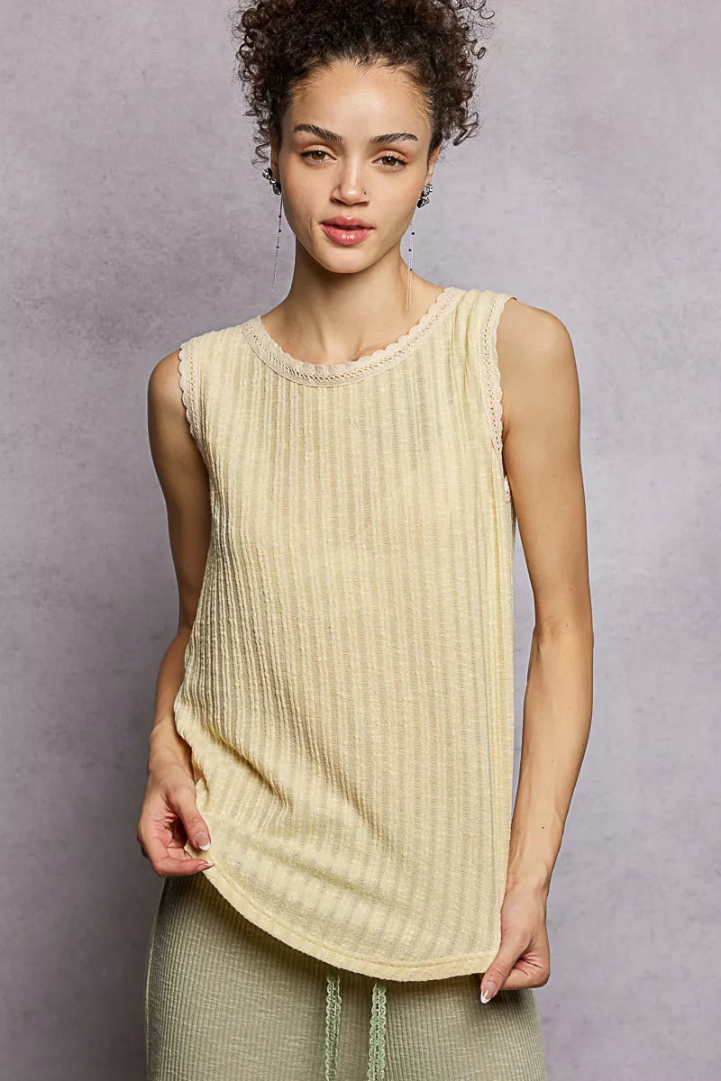 POL Ribbed Round Neck Tank with Lace Trim