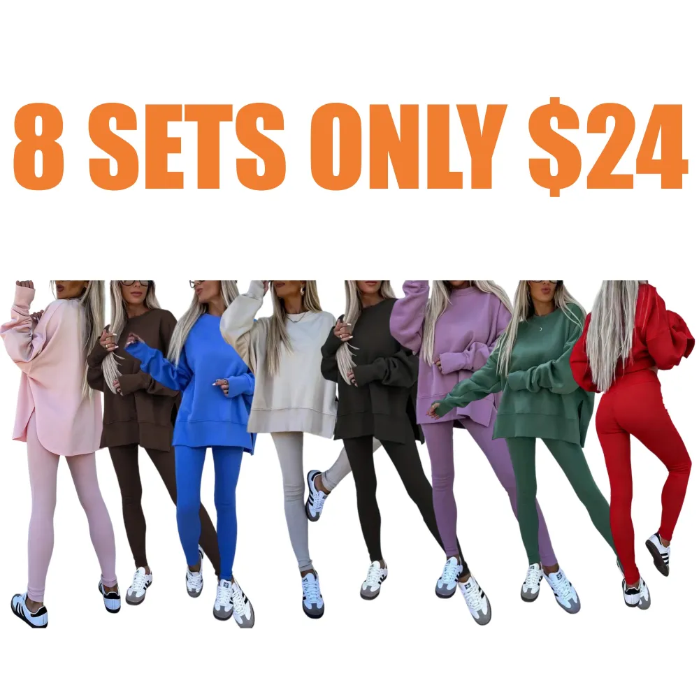 Women's Solid Long Sleeve Pullover & Leggings Sports Set