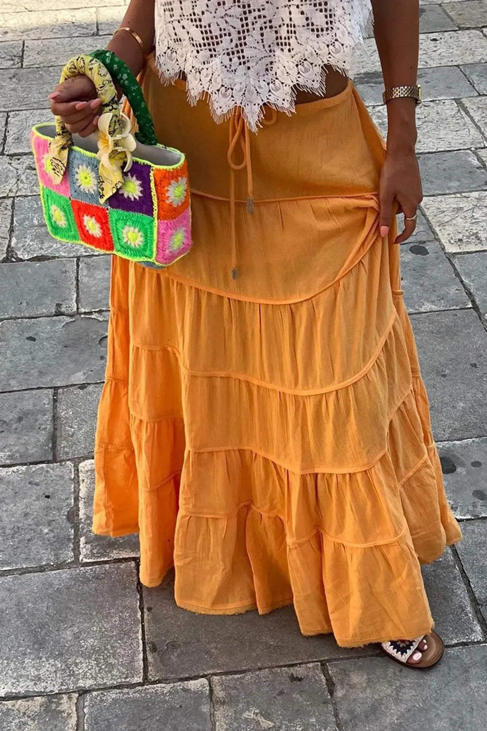 Bohemian Tiered Maxi Skirt With Drawstring Waist