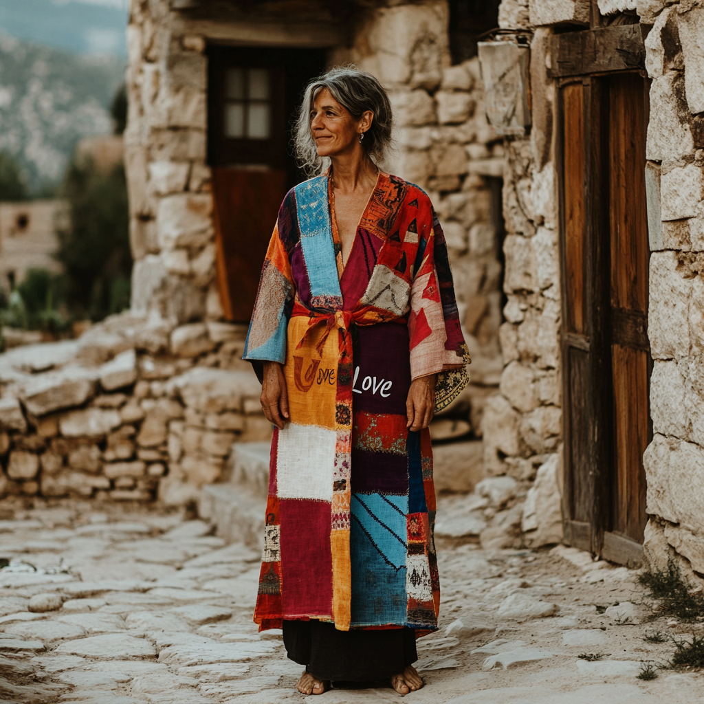 Vintage Loose Linen Patchwork Rainbow Contrast Coat 830f