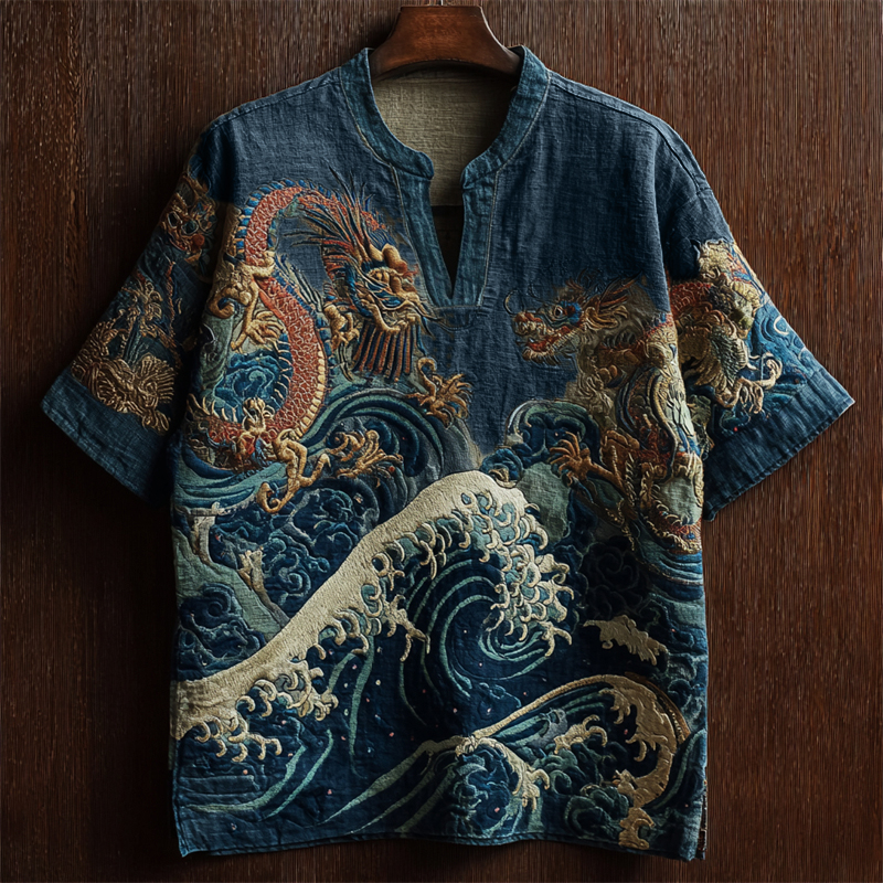 Sea Waves & Dragons Japanese Embroidered Linen Shirt