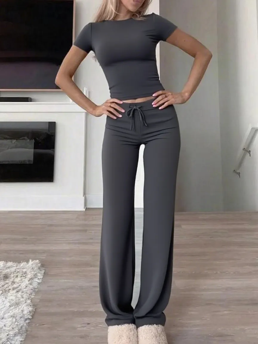 Women's Plain Shortsleeve Top & Drawstring Pants Set