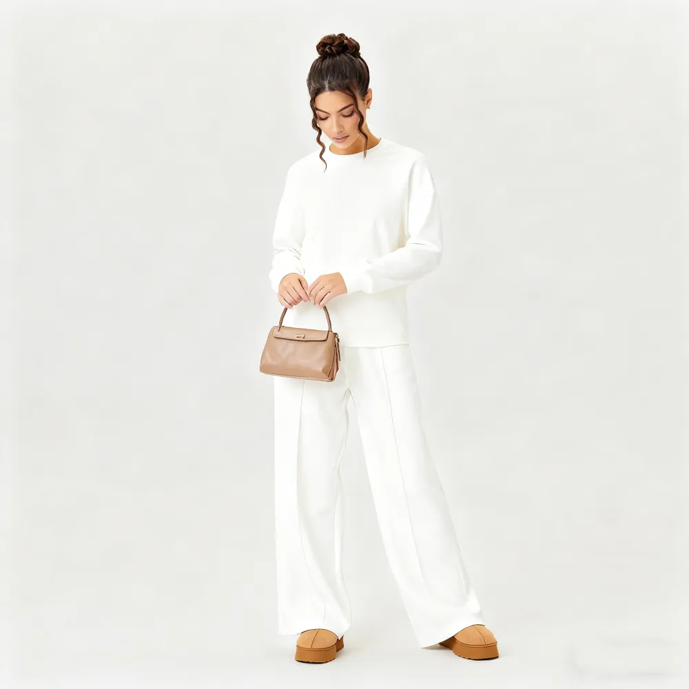 Women's Casual Solid Color Loose Long Sleeve Top & Exposed Stitches Trousers Co-ord