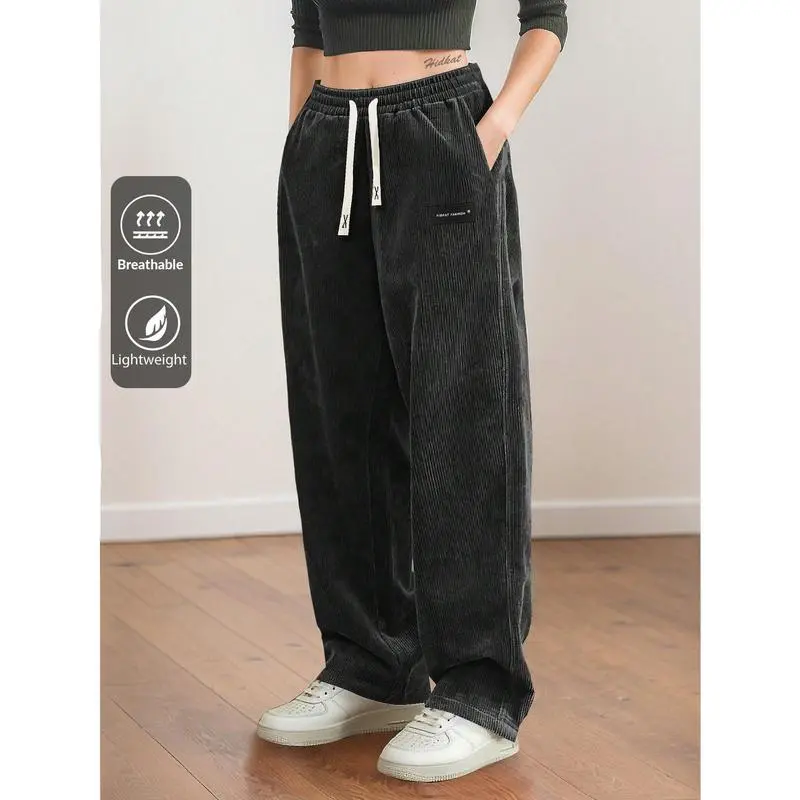 Women's Straight Leg Corduroy Pants Featuring Drawstring Elastic Waist, Fit for Casual