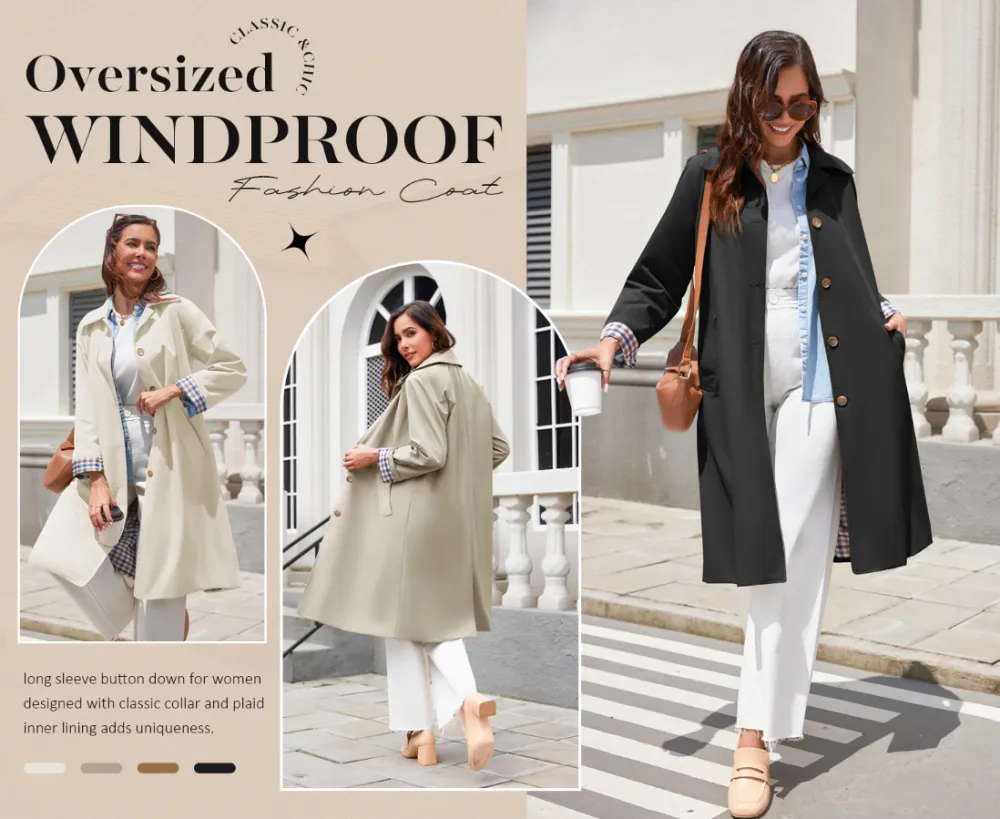 Womens Long Trench Coat Single Breasted Windproof Overcoat