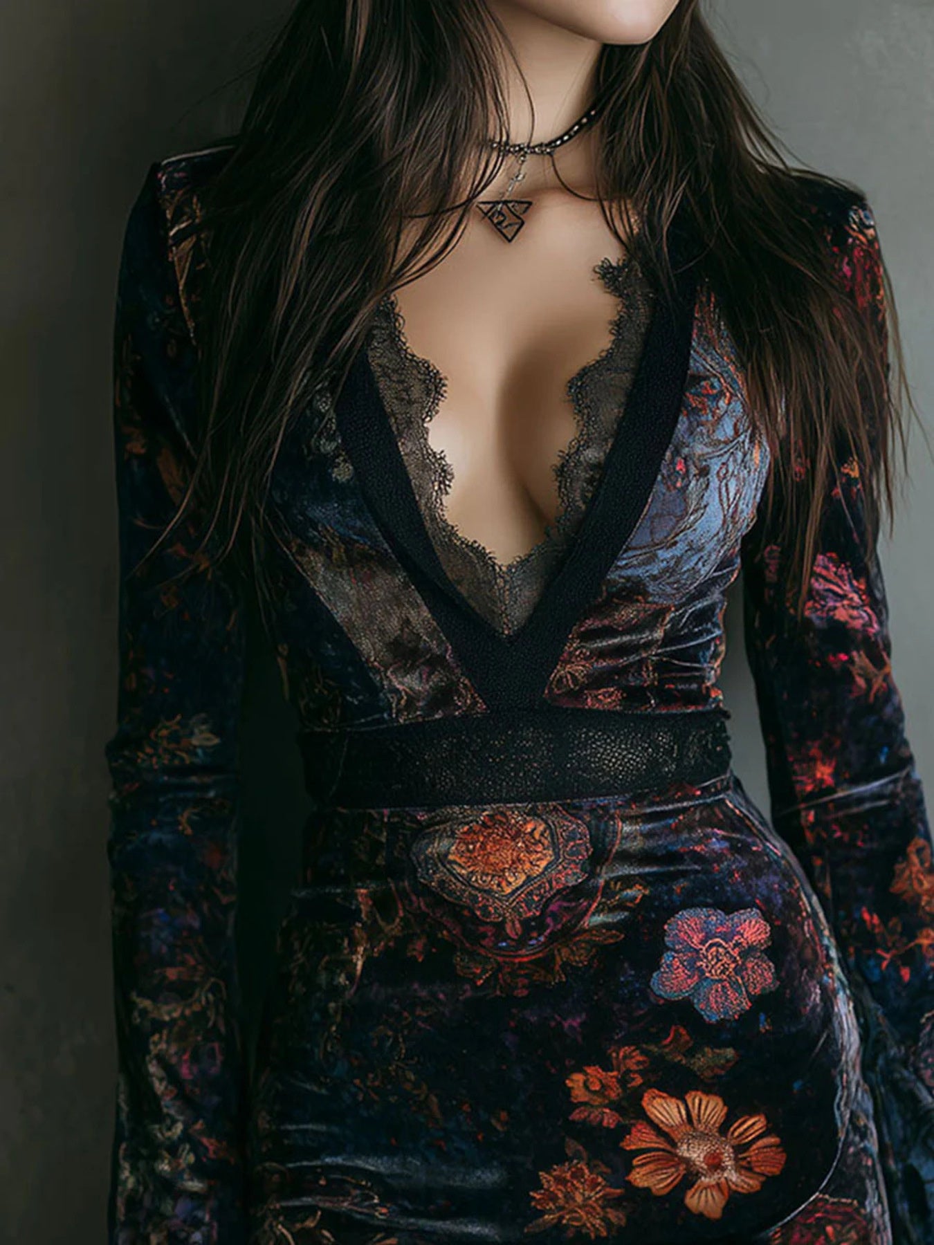 Lace Detail Floral Velvet Mini Dress