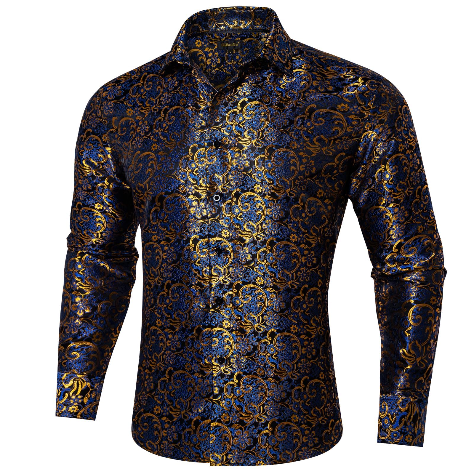Men's Paisley Dress Shirt Long Sleeve Wrinkle Free Button Down Cowboy Shirts - Blue&gold&paisley