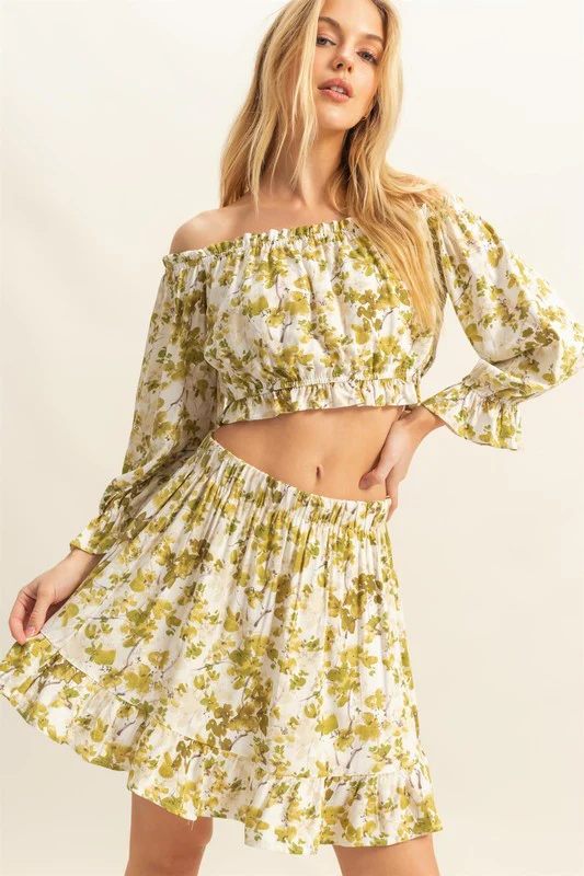 Floral Off-Shoulder Flounce Sleeve Top and Skirt Set