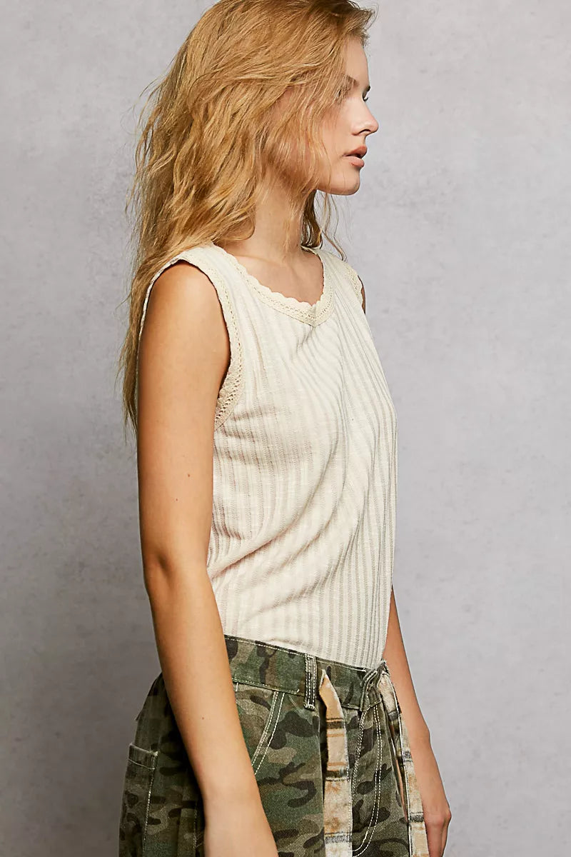 POL Ribbed Round Neck Tank with Lace Trim