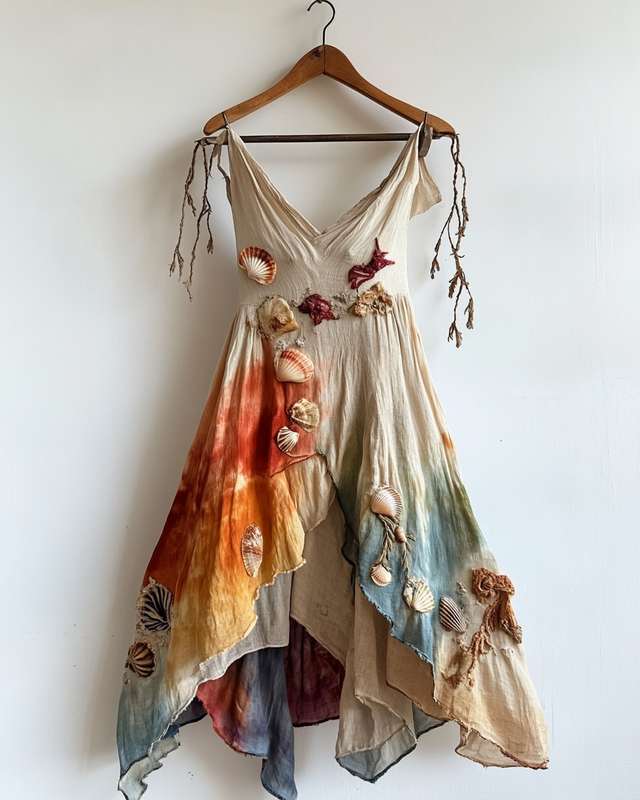 Handmade color block gradient rainbow irregular ocean dress ce0f