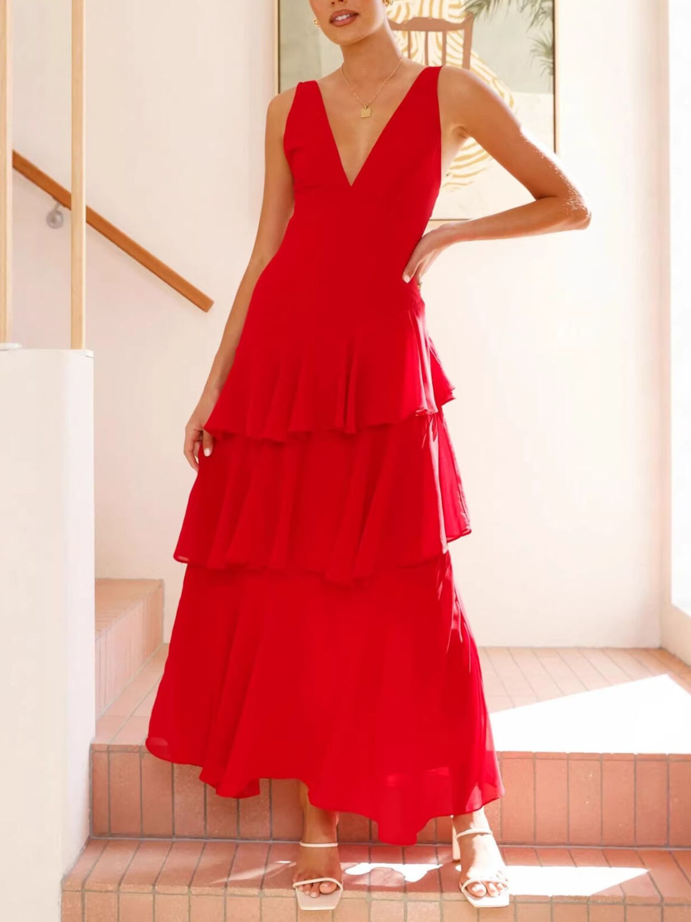 Sleeveless Ruffled Layered Backless Maxi Dress